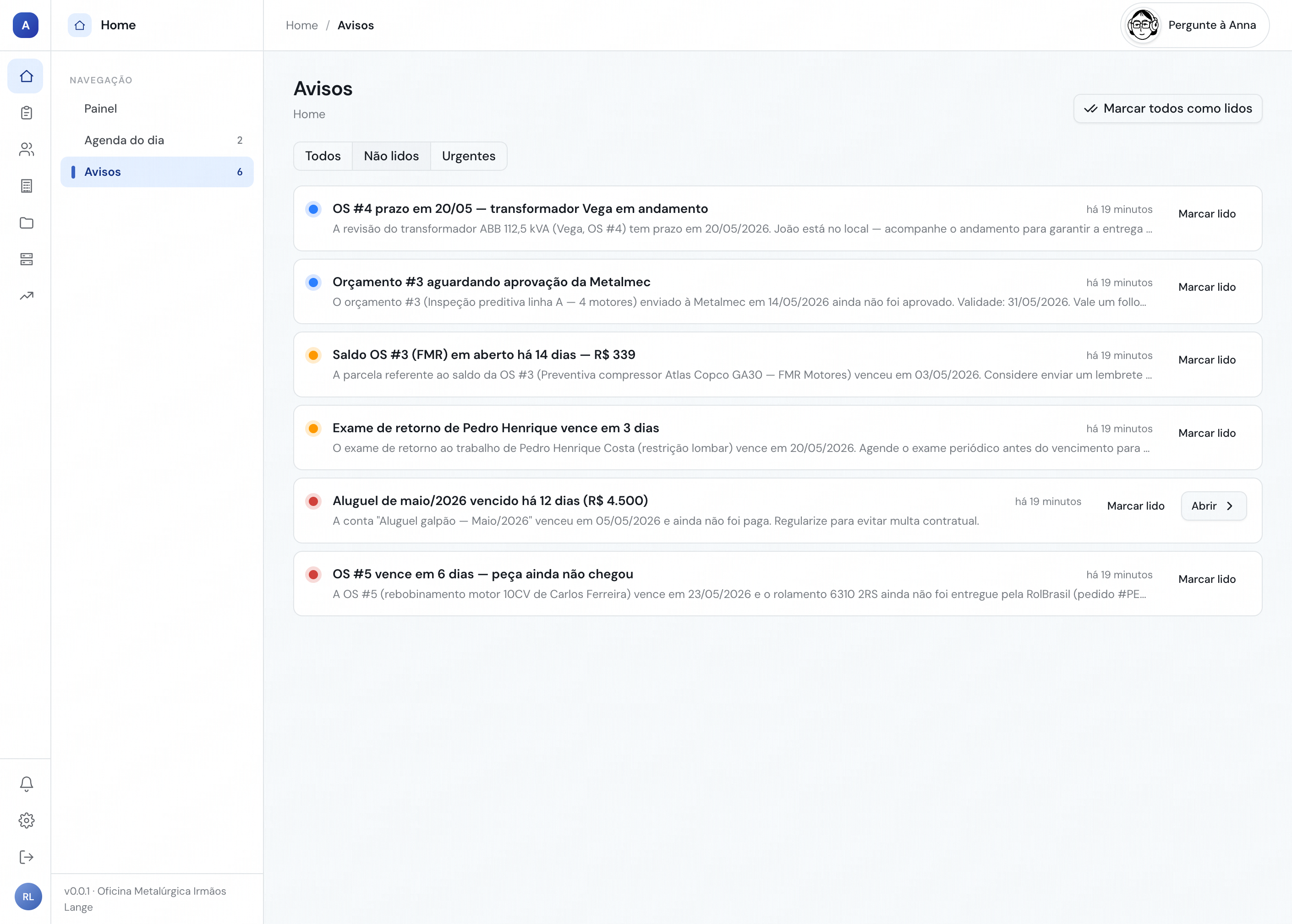 Avisos e alertas proativos da Anna